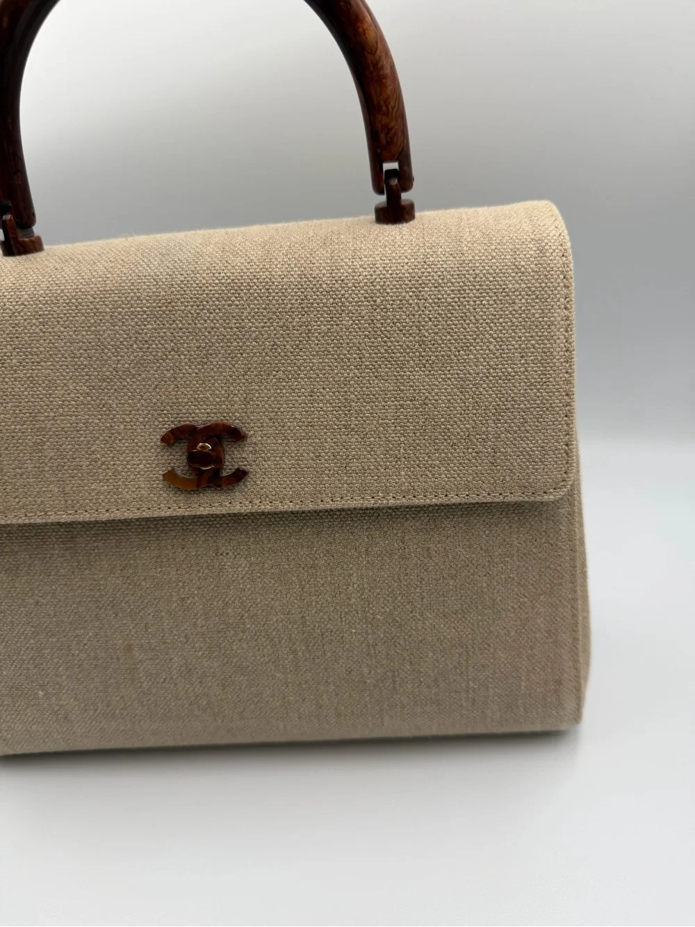 RARE CHANEL vintage 2001 linen tortoise shell Kelly bag
